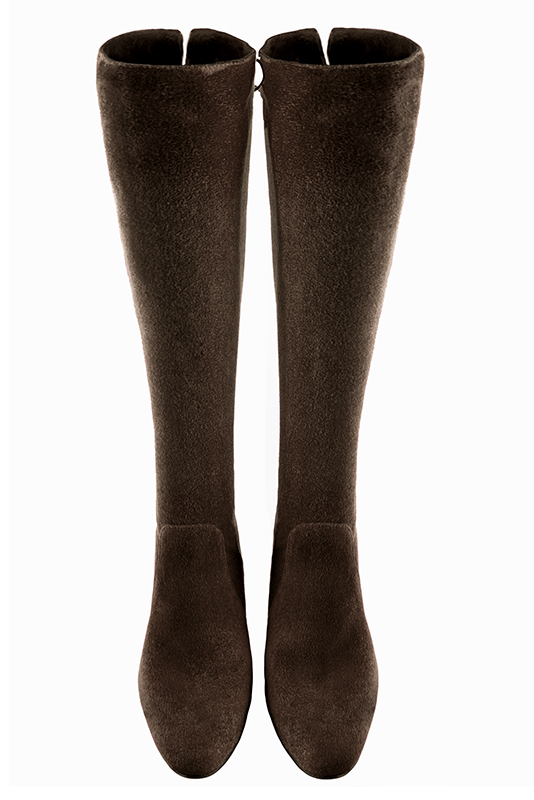 Chocolate brown women's knee-high boots, with laces at the back. Round toe. Medium block heels. Made to measure. Top view - Florence KOOIJMAN